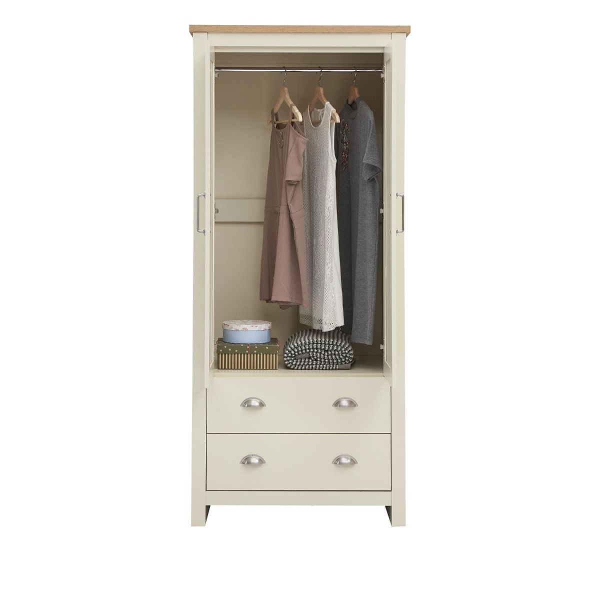 Lando Series 2 Piece Bedroom Set - Cream 2 Door Wooden Wardrobe and 2 Drawer Wooden Bedside Table with Oak Effect Top and Elegant Steel Handles and Runners