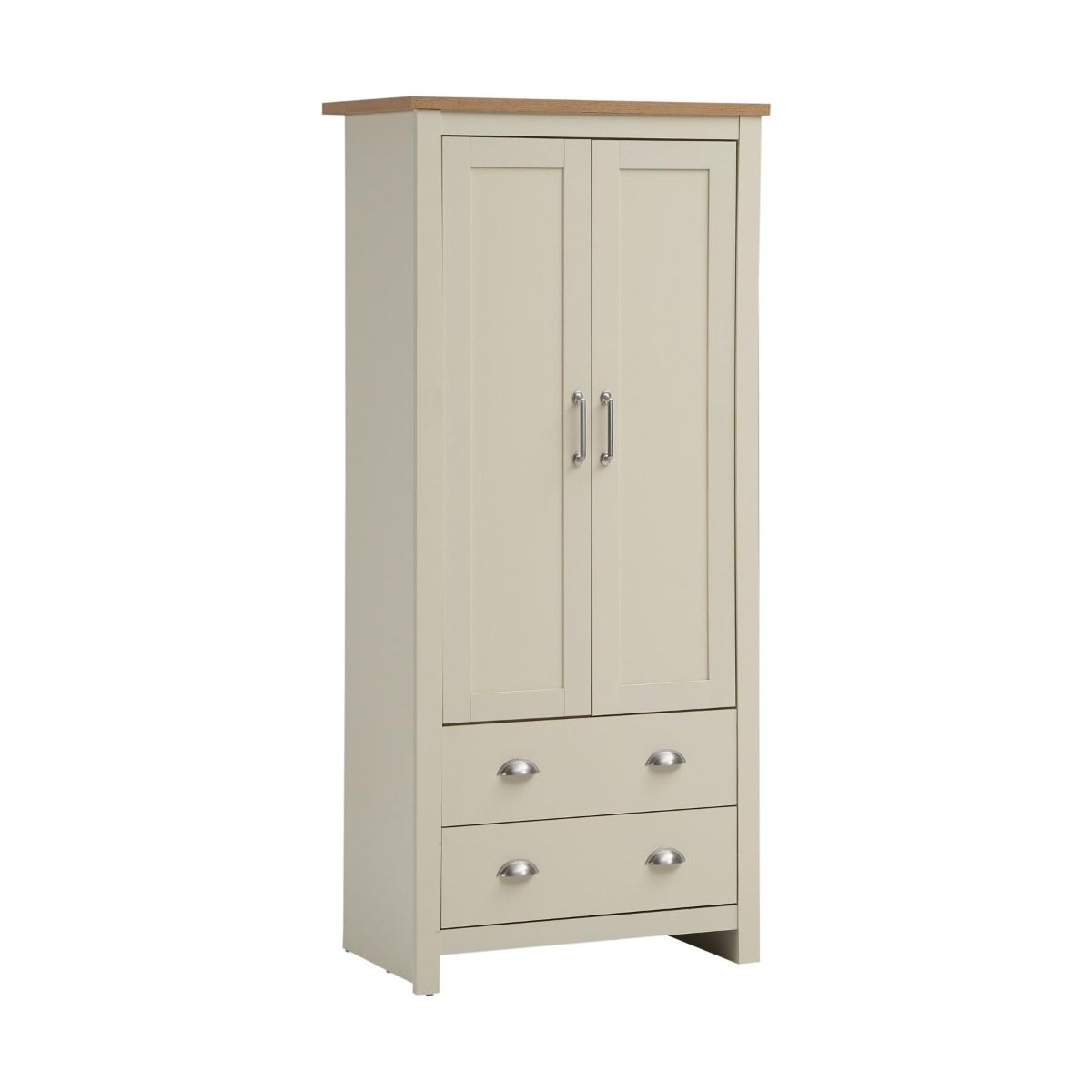 Lando Series 2 Piece Bedroom Set - Cream 2 Door Wooden Wardrobe and 2 Drawer Wooden Bedside Table with Oak Effect Top and Elegant Steel Handles and Runners