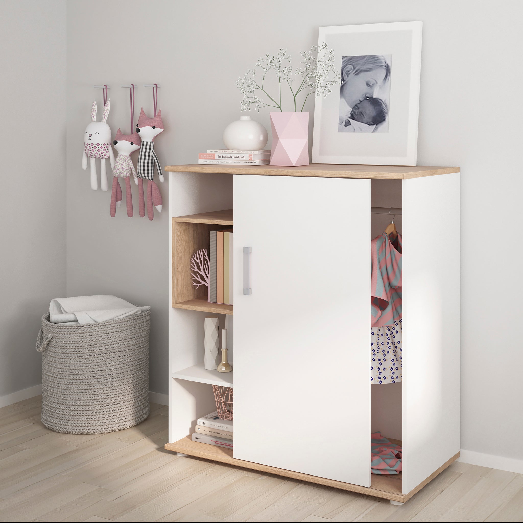 To Play Low Cabinet with shelves (Sliding Door) in Light Oak and white High Gloss