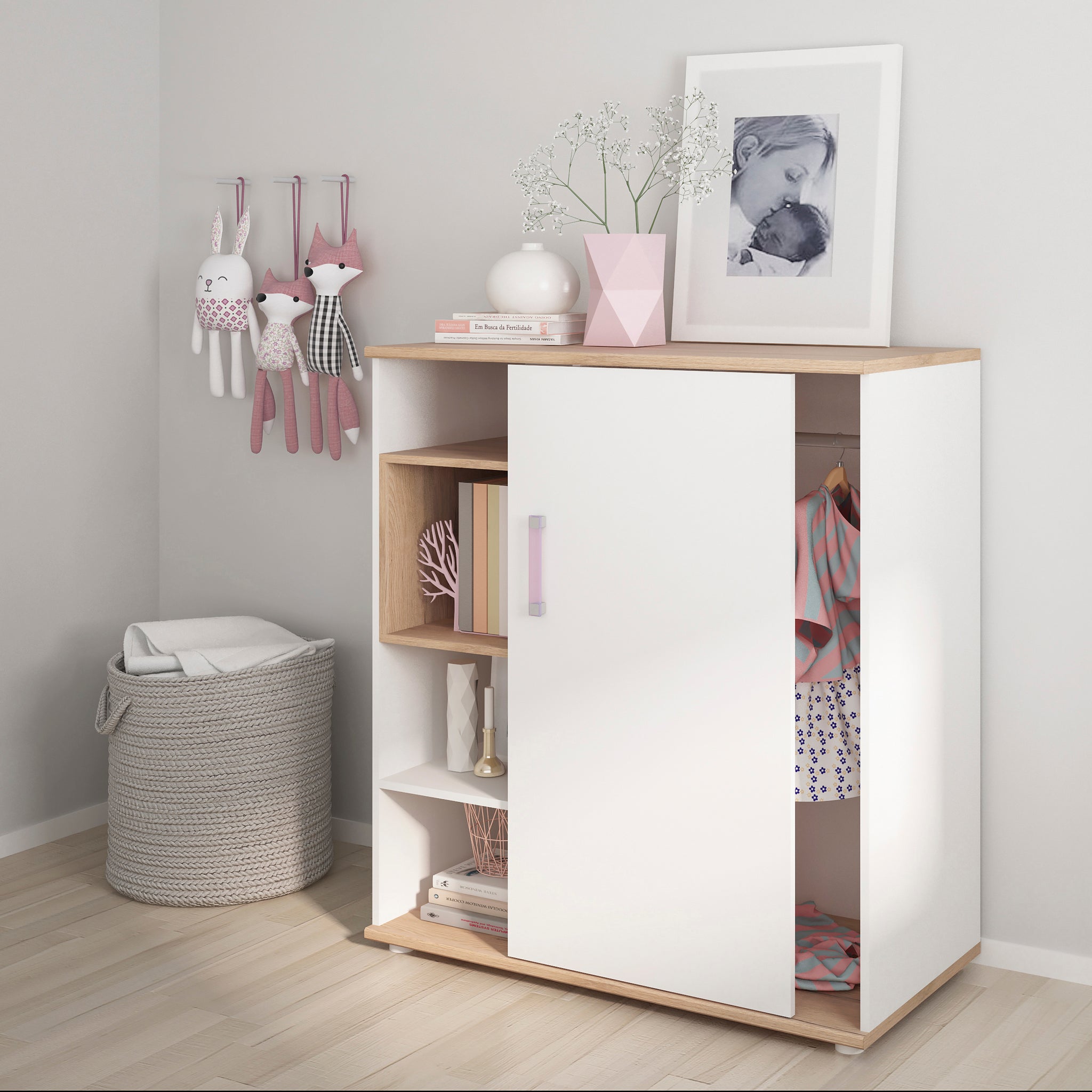 To Play Low Cabinet with shelves (Sliding Door) in Light Oak and white High Gloss