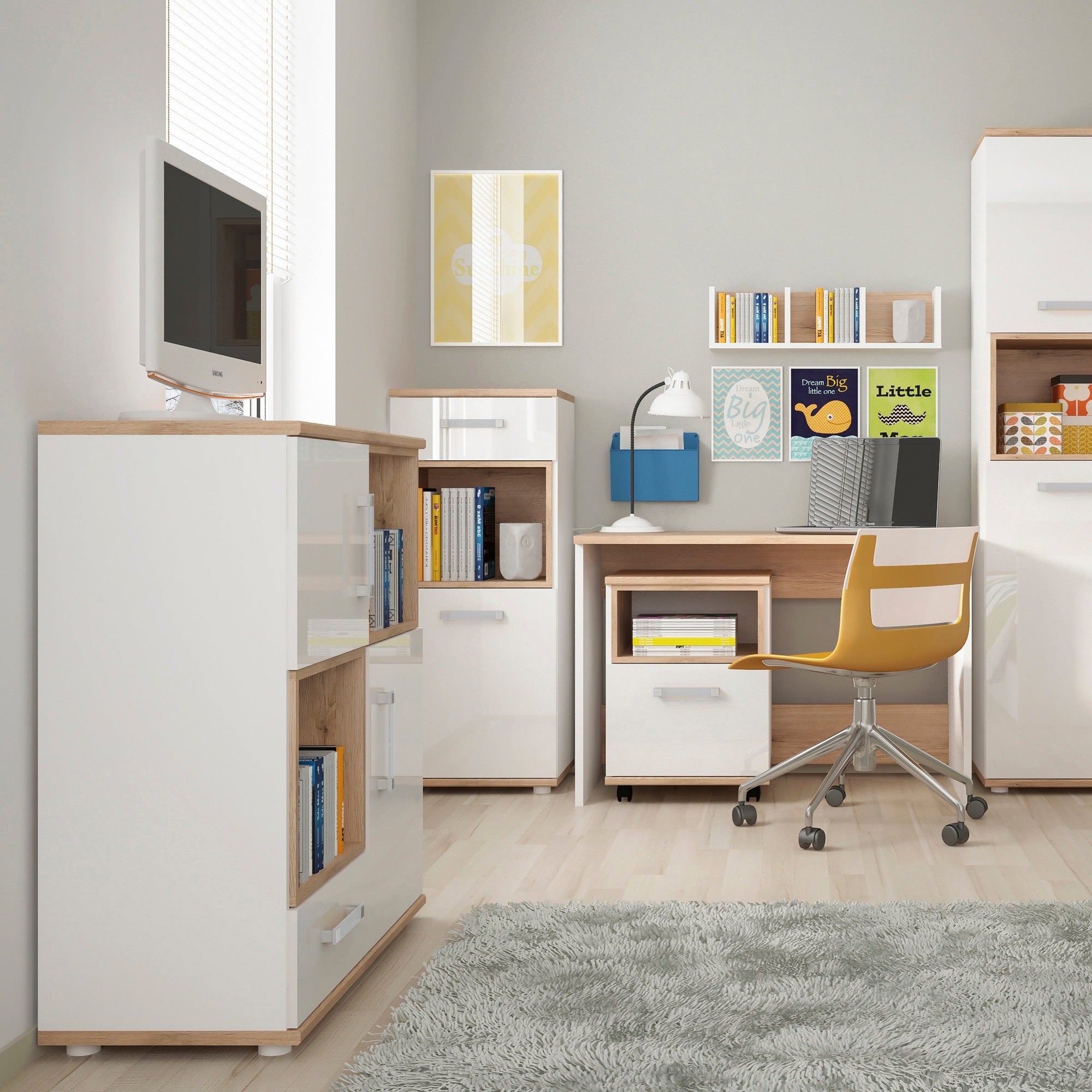 To Play 1 Door 1 Drawer Narrow Cabinet in Light Oak and white High Gloss