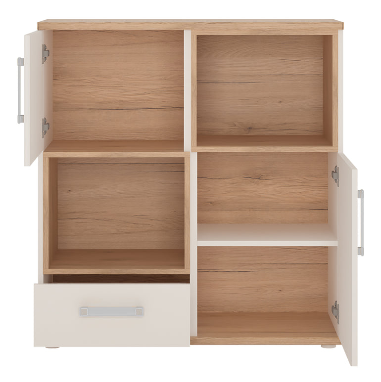 To Play 2 Door 1 Drawer Cupboard with 2 open shelves in Light Oak and white High Gloss