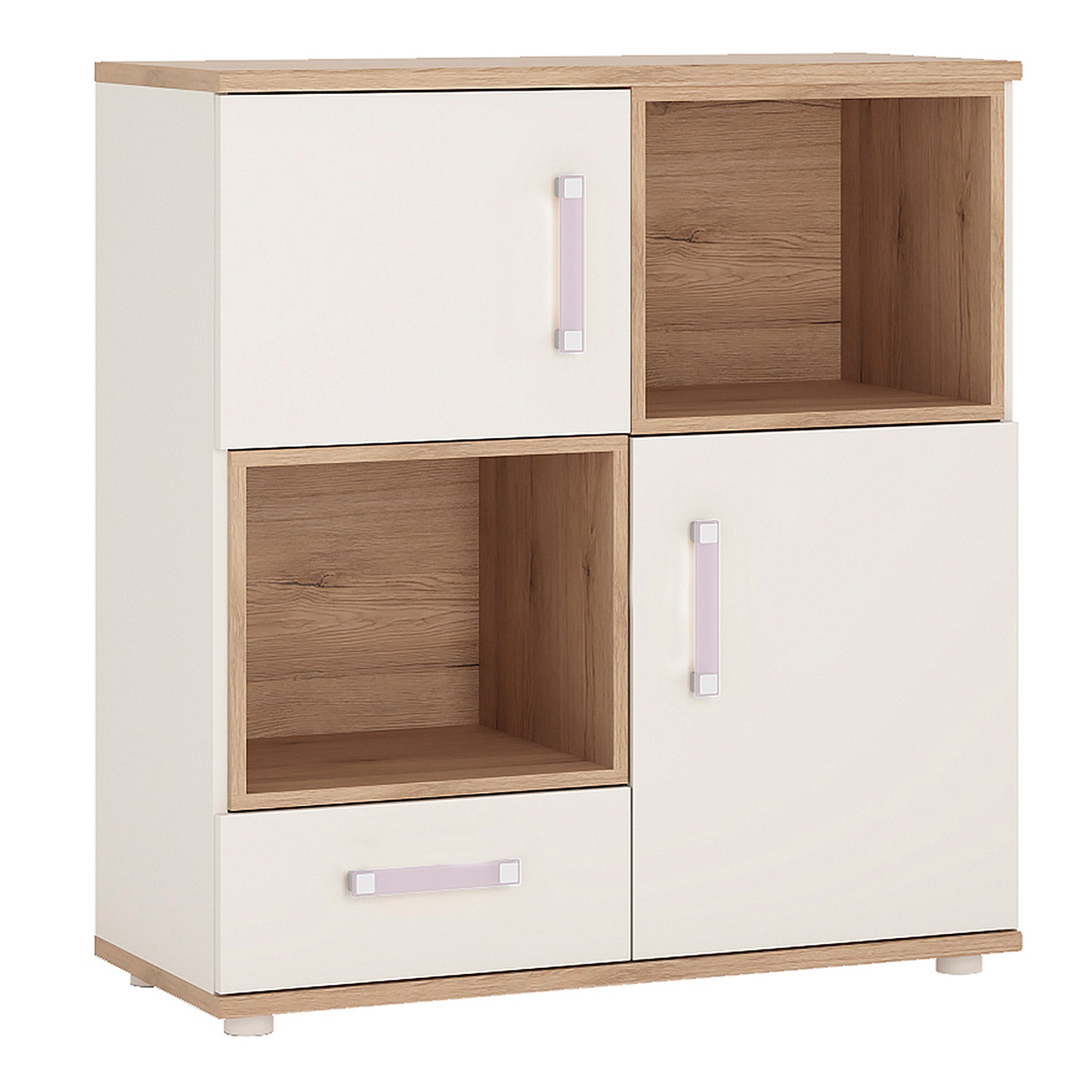 To Play 2 Door 1 Drawer Cupboard with 2 open shelves in Light Oak and white High Gloss