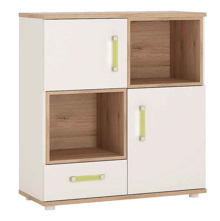 To Play 2 Door 1 Drawer Cupboard with 2 open shelves in Light Oak and white High Gloss
