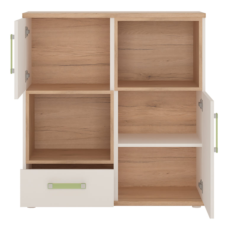 To Play 2 Door 1 Drawer Cupboard with 2 open shelves in Light Oak and white High Gloss
