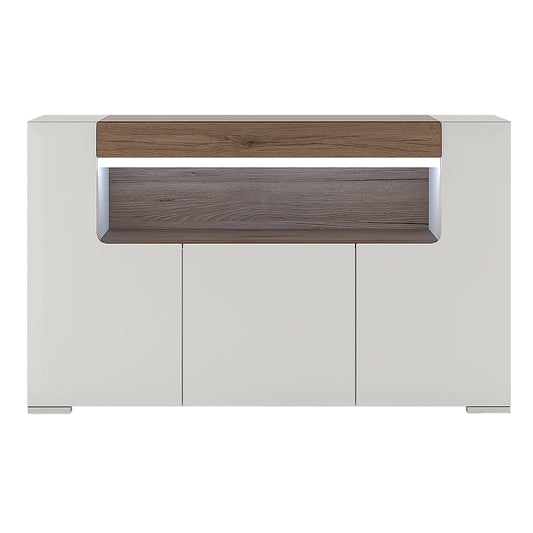 Toronto 3 Door Sideboard with open shelving (inc. Plexi Lighting) In White and Oak