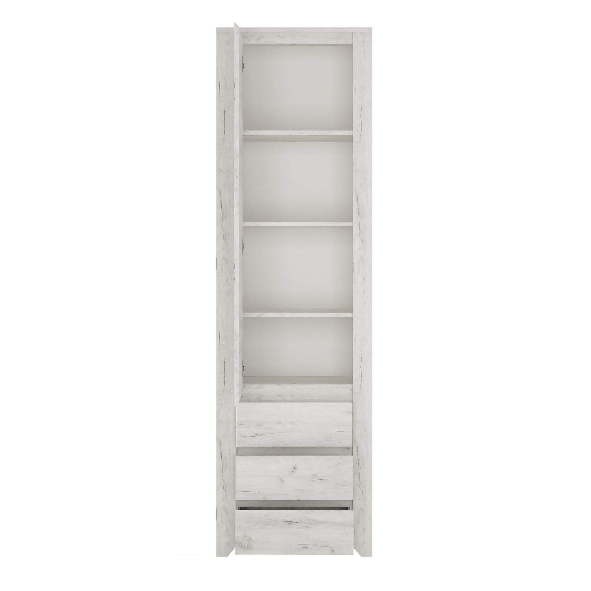 Seraph Tall Narrow One Door 3 Drawer Narrow Cupboard in White Craft Oak