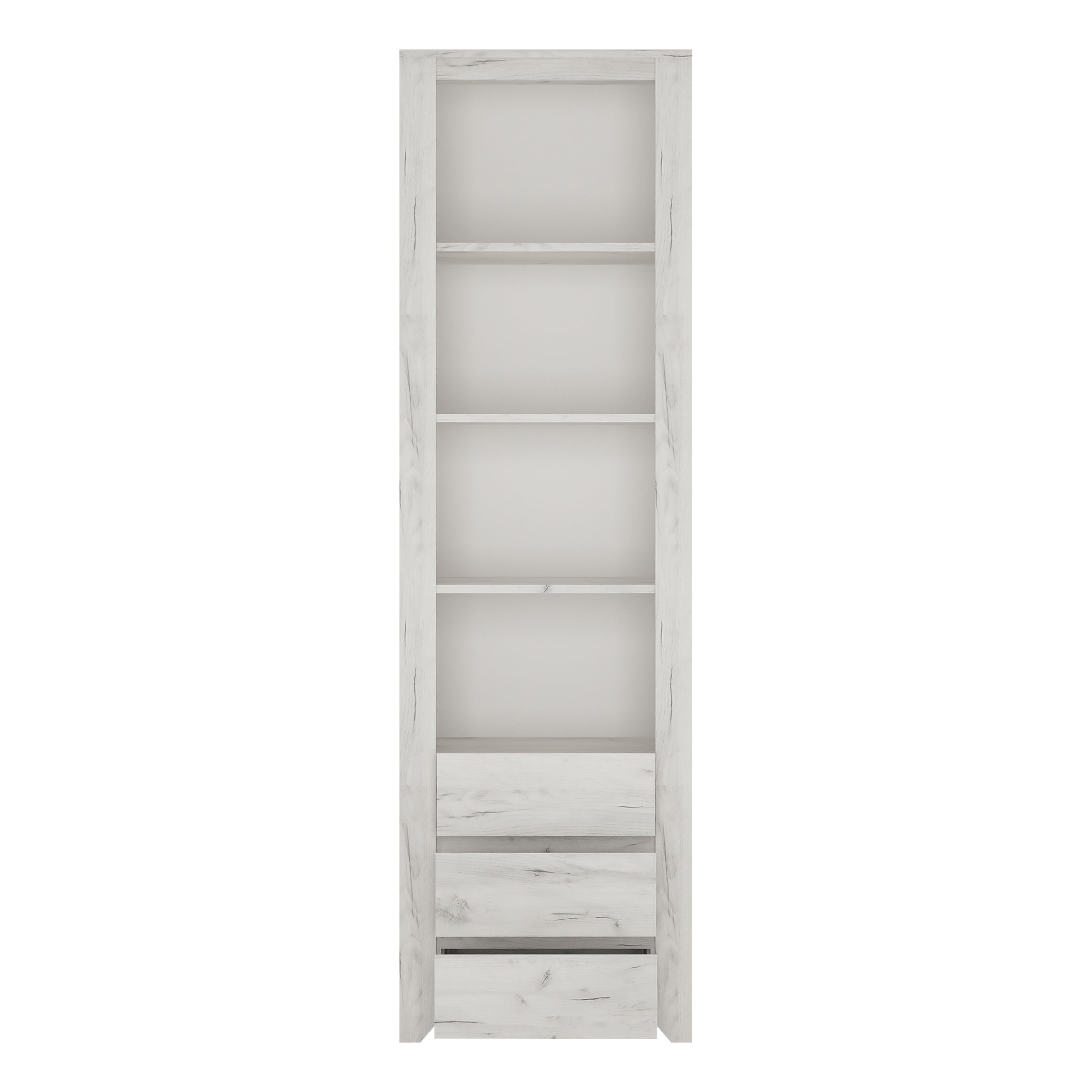 Seraph Tall Narrow 3 Drawer Bookcase in White Craft Oak