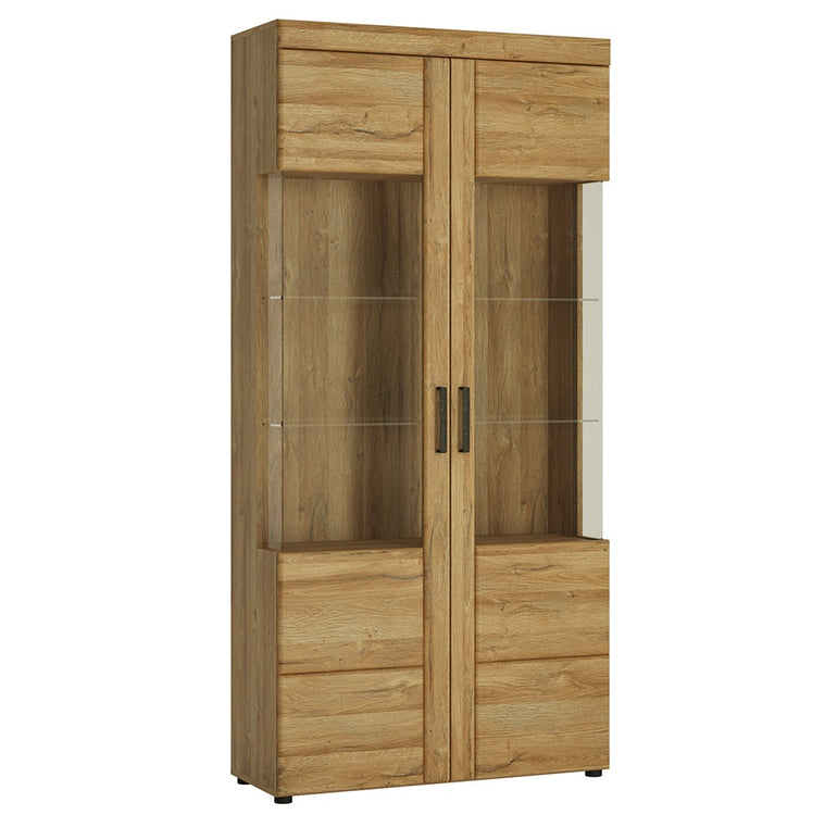 Drapery Tall wide 2 door glazed display cabinet in Grandson Oak