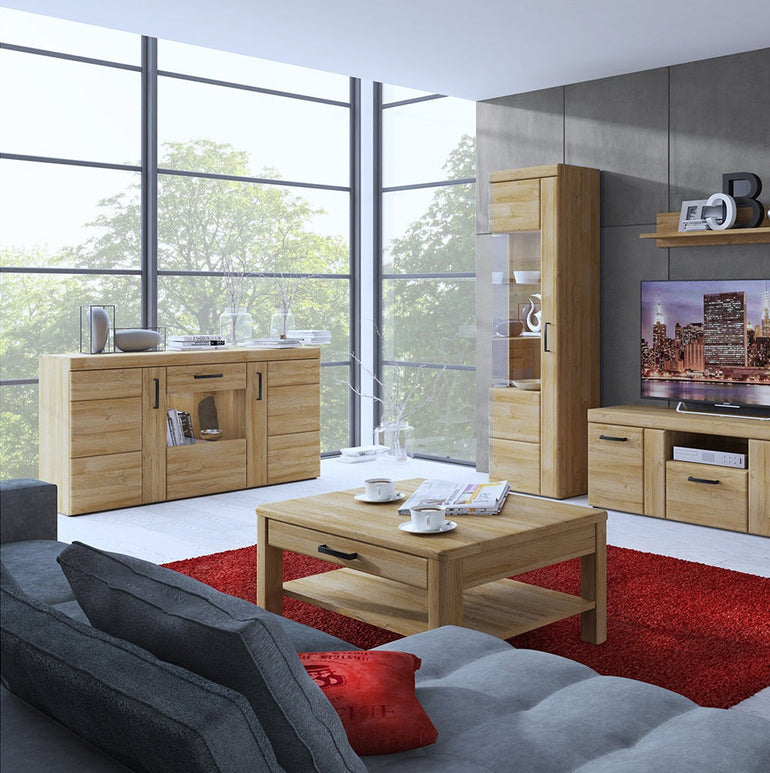 Drapery 3 door glazed sideboard in Grandson Oak