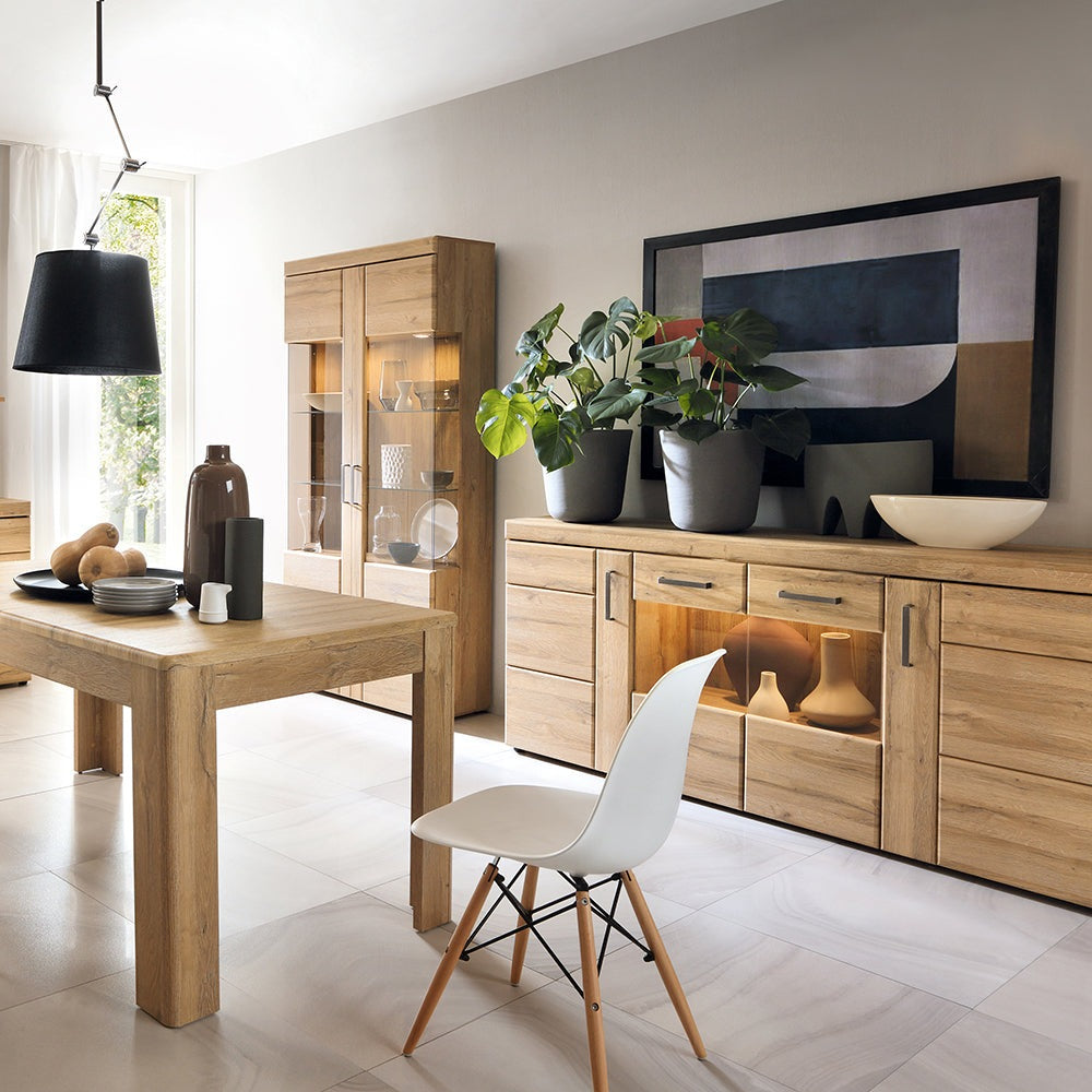 Drapery 4 door wide glazed sideboard in Grandson Oak