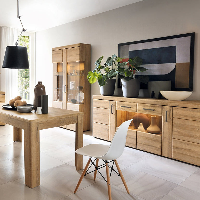 Drapery 4 door wide glazed sideboard in Grandson Oak