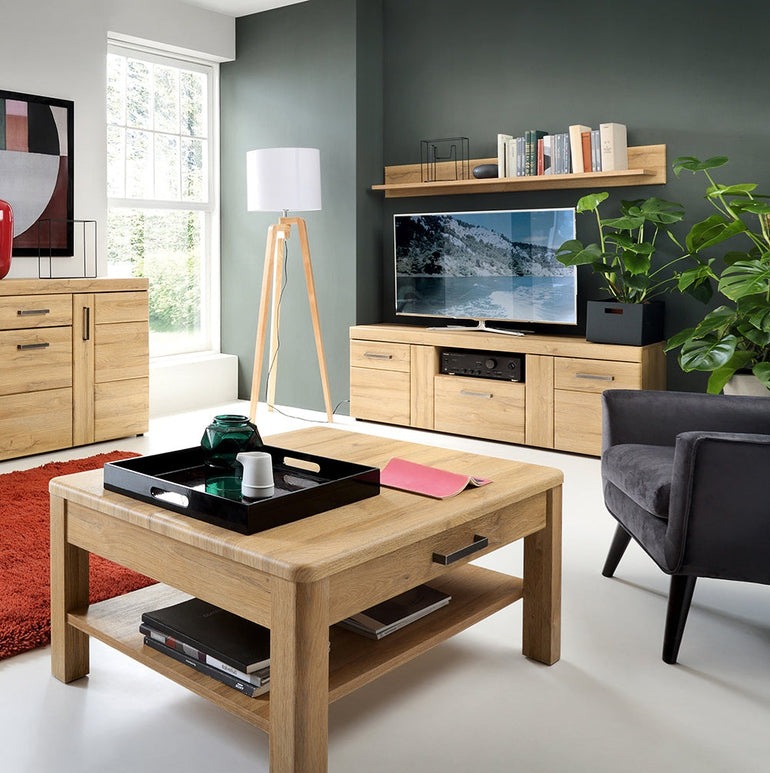 Drapery 2 door 1 drawer tall TV cabinet in Grandson Oak