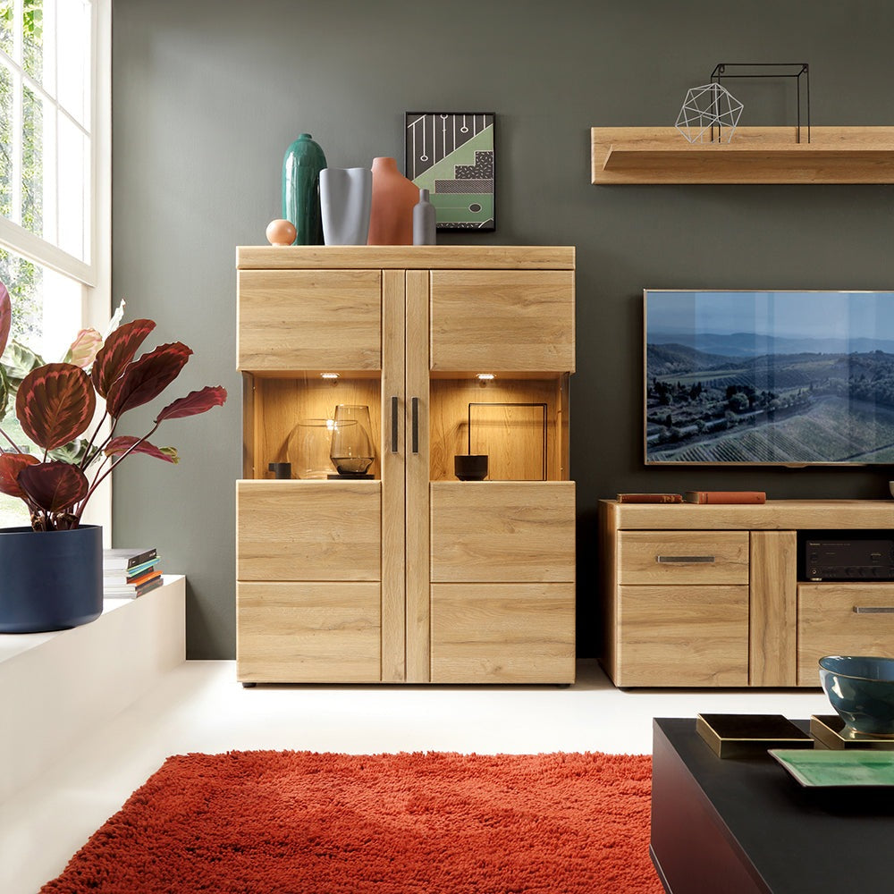 Drapery 2 door 1 drawer tall TV cabinet in Grandson Oak