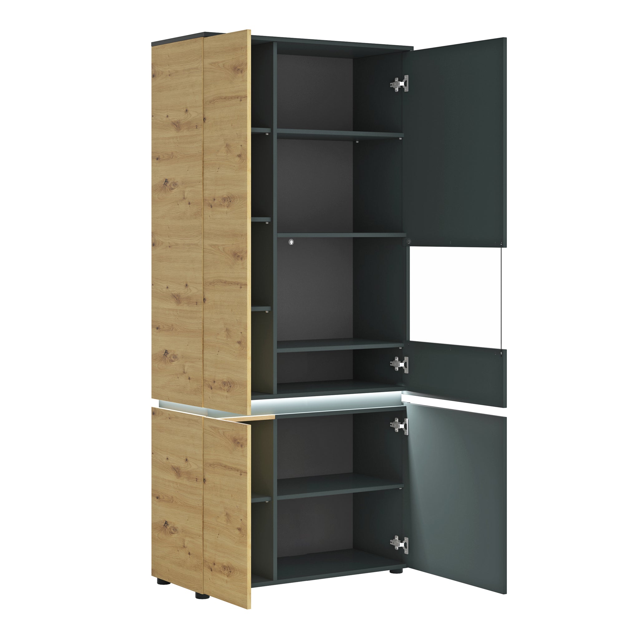 Luce 4 door tall display cabinet (including LED lighting) in Platinum and Oak