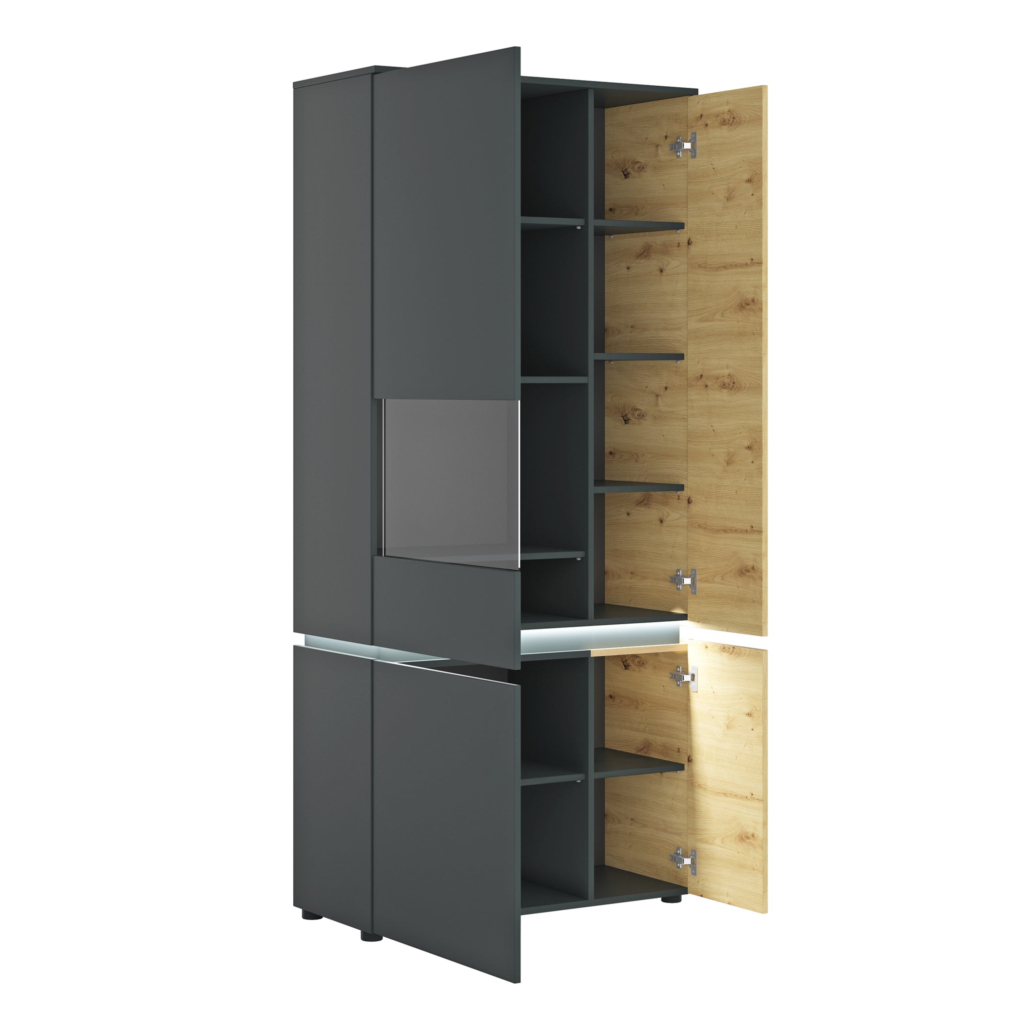 Luce 4 door tall display cabinet (including LED lighting) in Platinum and Oak