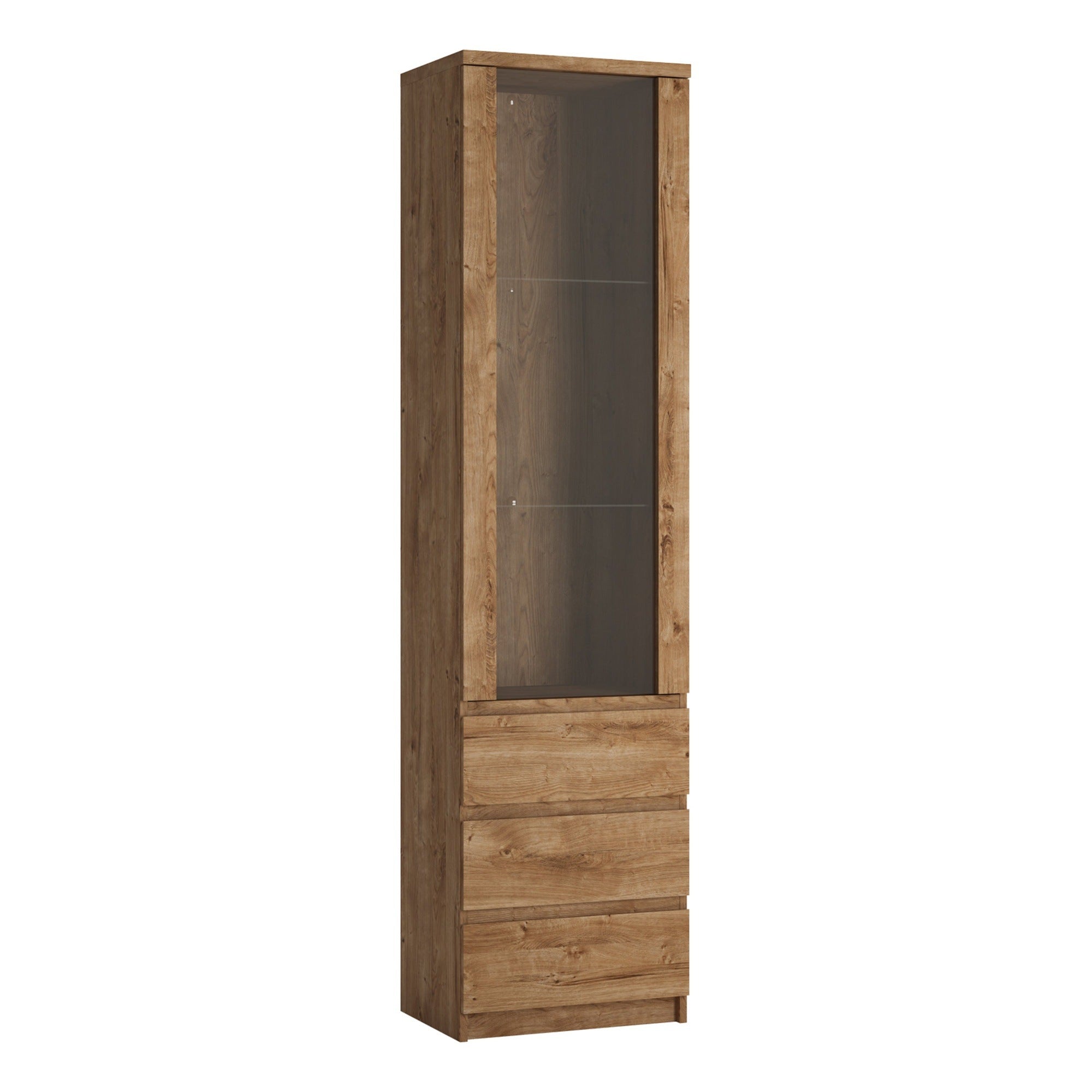 Friboi Tall narrow 1 door 3 drawer glazed display cabinet in Oak