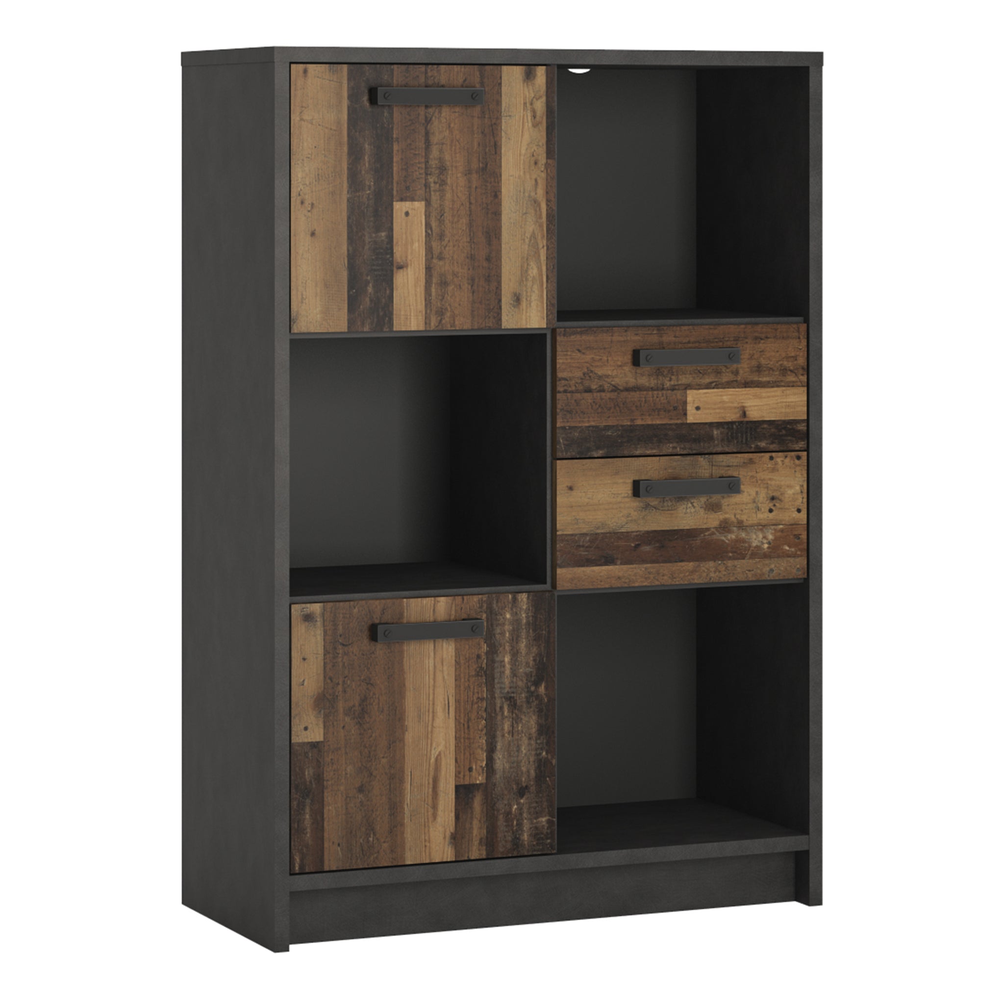 Bronx Low Bookcase with 2 Doors and 2 Drawers in Walnut and Dark Matera Grey