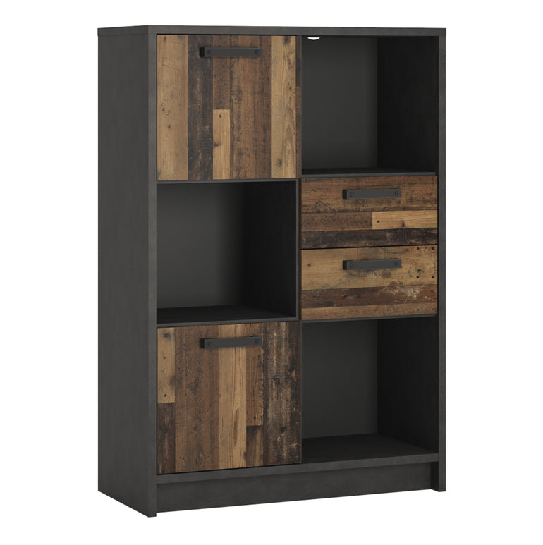 Bronx Low Bookcase with 2 Doors and 2 Drawers in Walnut and Dark Matera Grey