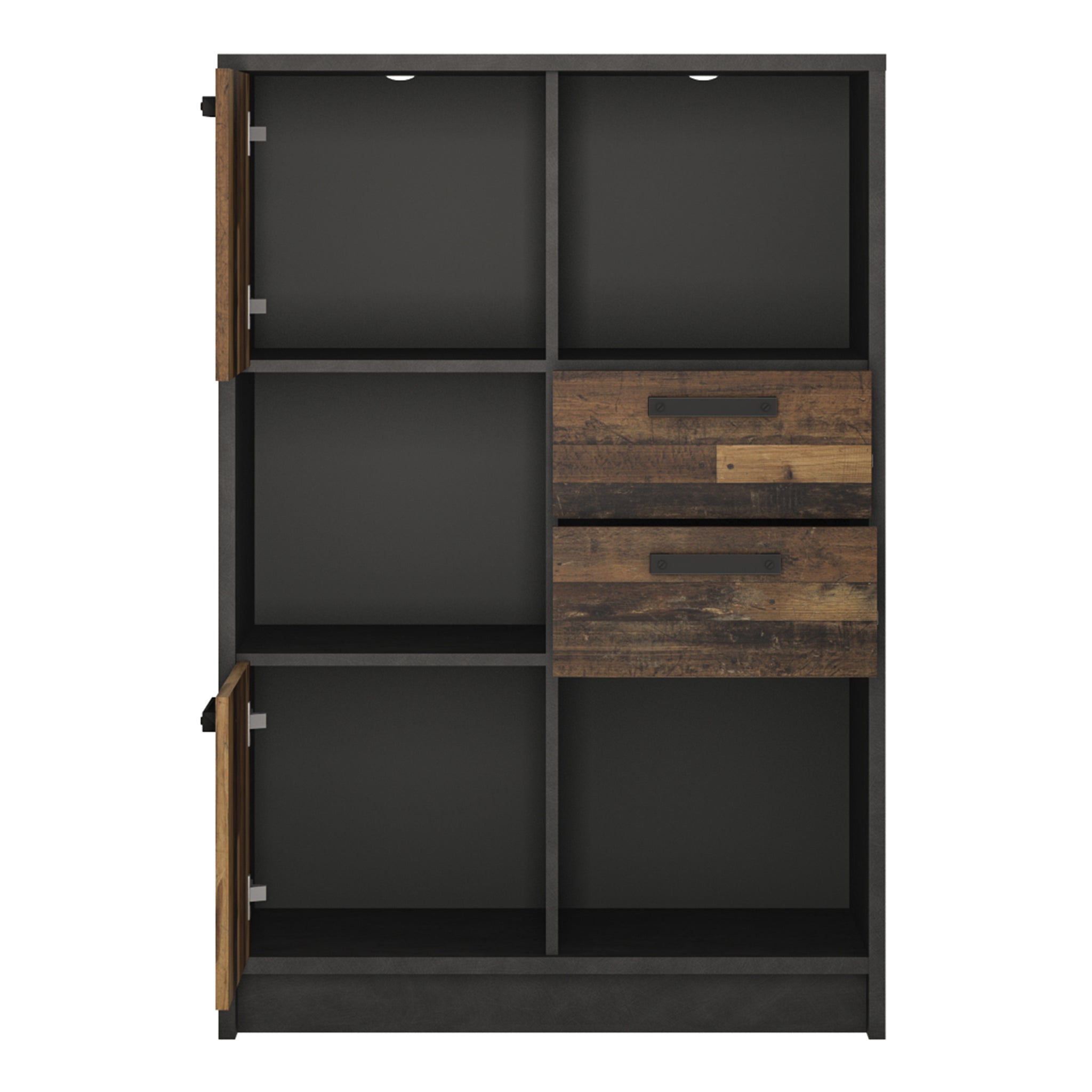 Bronx Low Bookcase with 2 Doors and 2 Drawers in Walnut and Dark Matera Grey