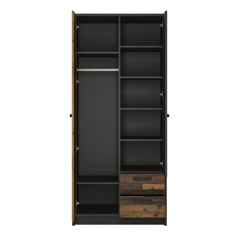 Bronx 2 Door Wardrobe with 2 Drawers in Walnut and Dark Matera Grey