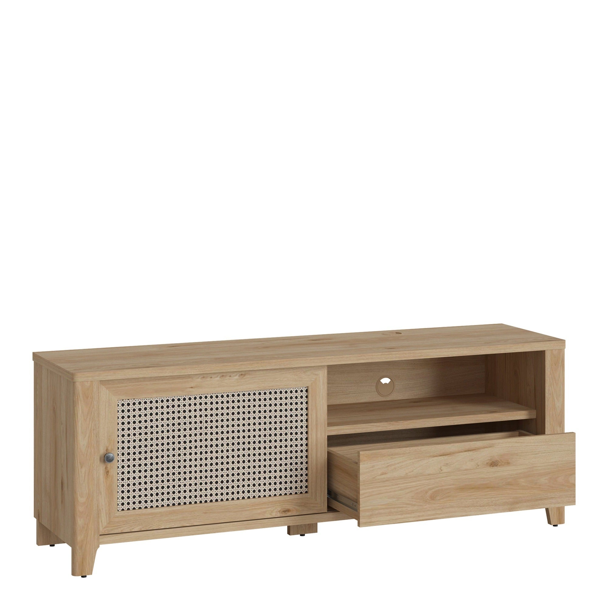 Basketto 1 Door 1 Drawer TV Unit in Jackson Hickory Oak and Rattan Effect