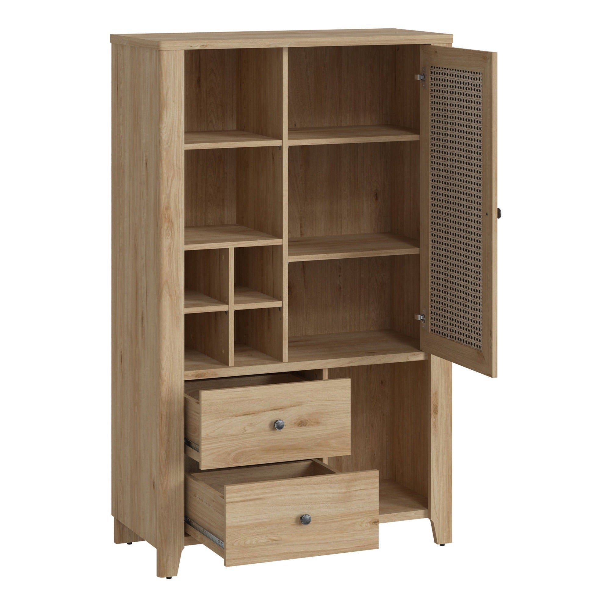 Basketto 1 Door 2 Drawer Cabinet in Jackson Hickory Oak and Rattan Effect