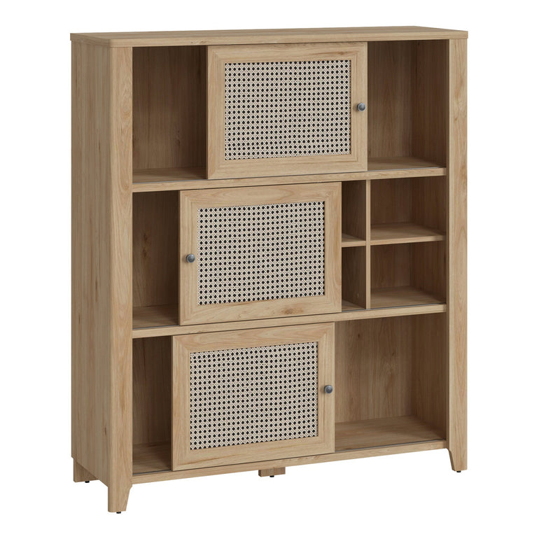 Basketto 3 Door Cabinet in Jackson Hickory Oak and Rattan Effect