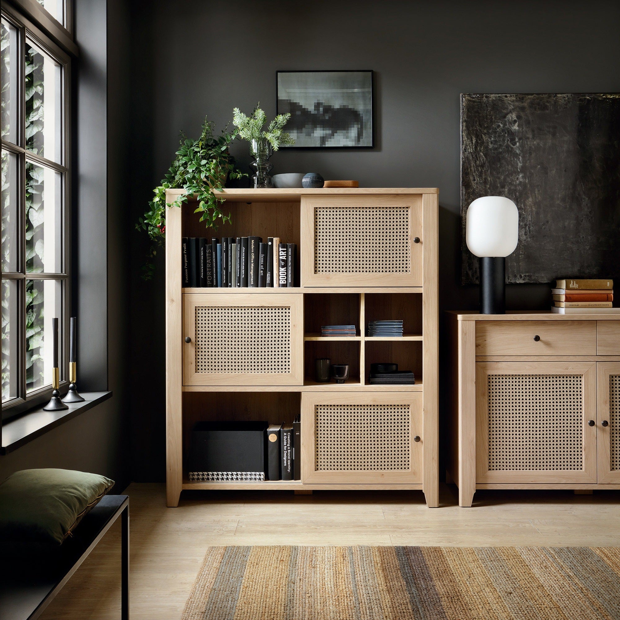 Basketto 3 Door Cabinet in Jackson Hickory Oak and Rattan Effect