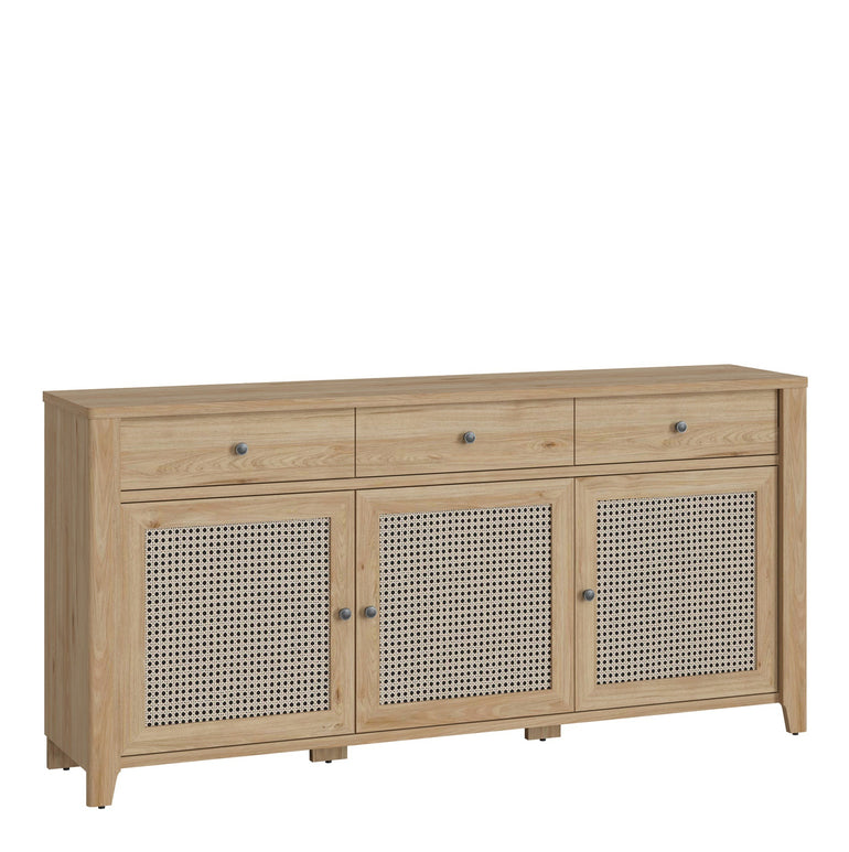 Basketto 3 Door 3 Drawer Sideboard in Jackson Hickory Oak and Rattan Effects