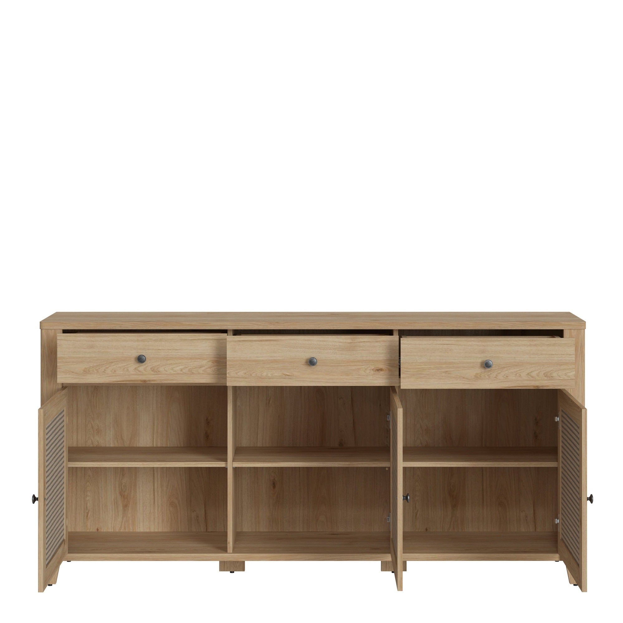 Basketto 3 Door 3 Drawer Sideboard in Jackson Hickory Oak and Rattan Effects