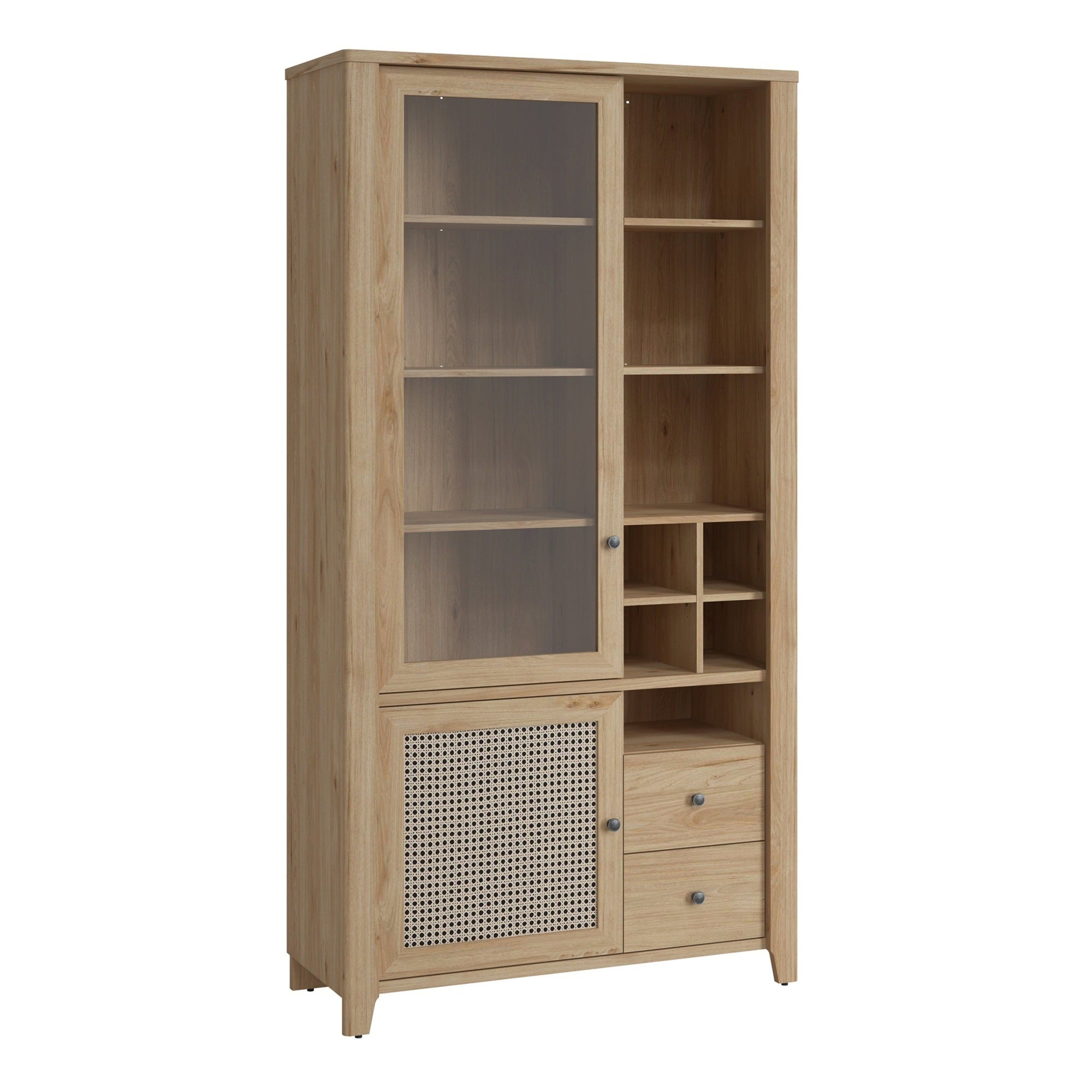 Basketto 2 Door 2 Drawer Display Cabinet in Jackson Hickory Oak and Rattan Effect