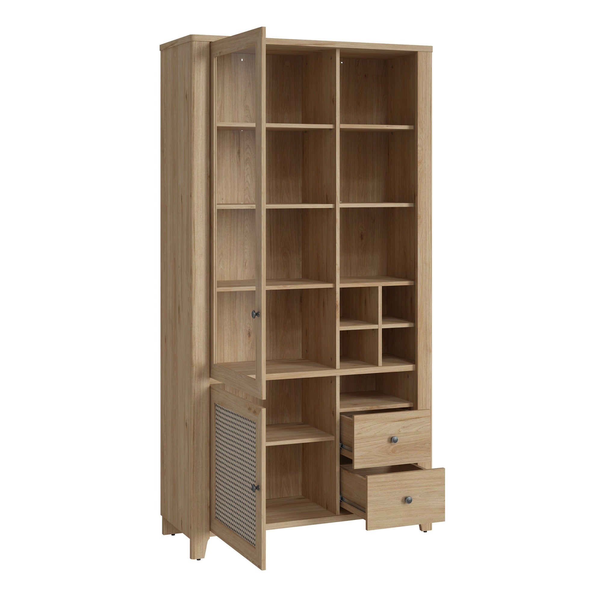 Basketto 2 Door 2 Drawer Display Cabinet in Jackson Hickory Oak and Rattan Effect