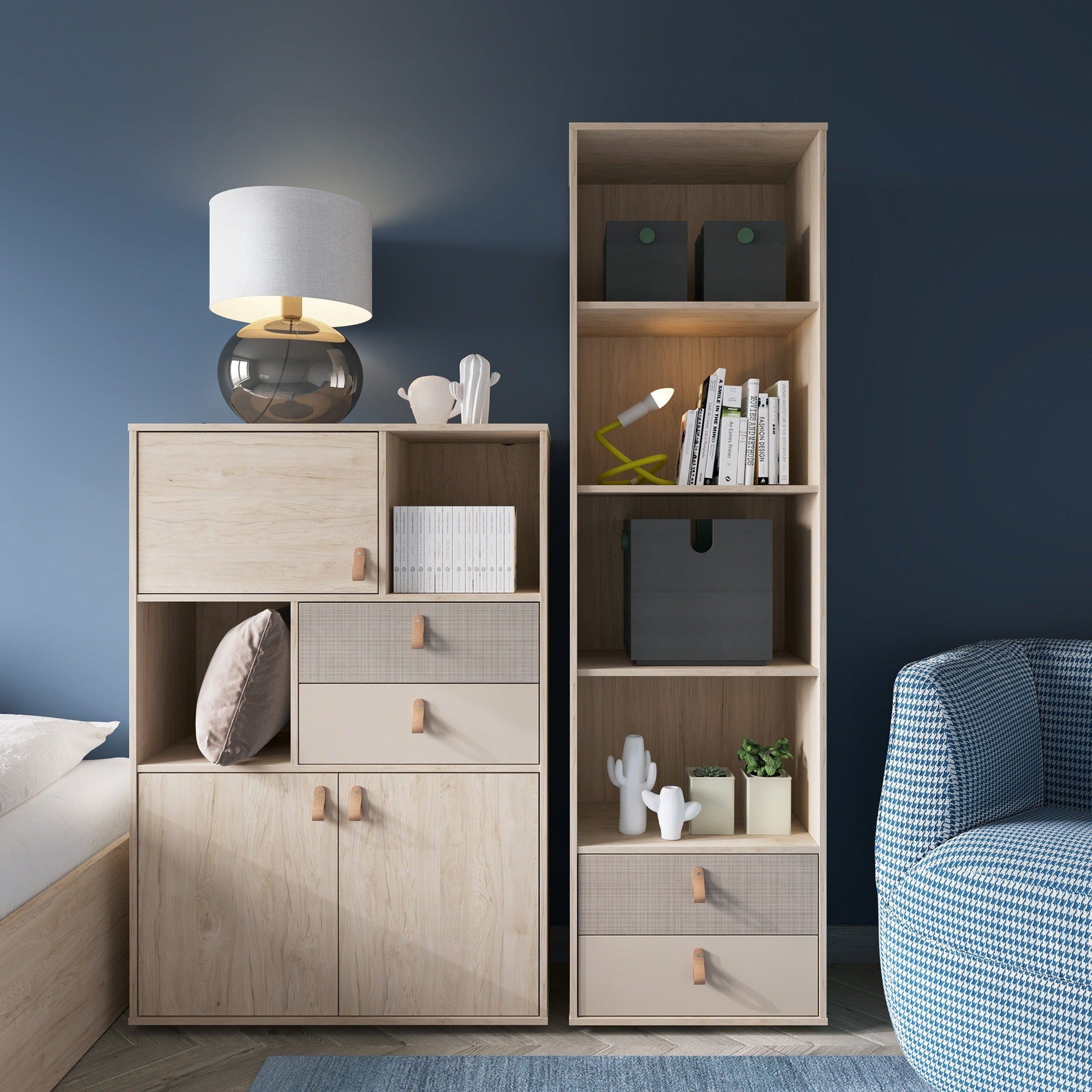 Canvas 2 Drawer Bookcase in Light Walnut, Grey Fabric Effect and Cashmere