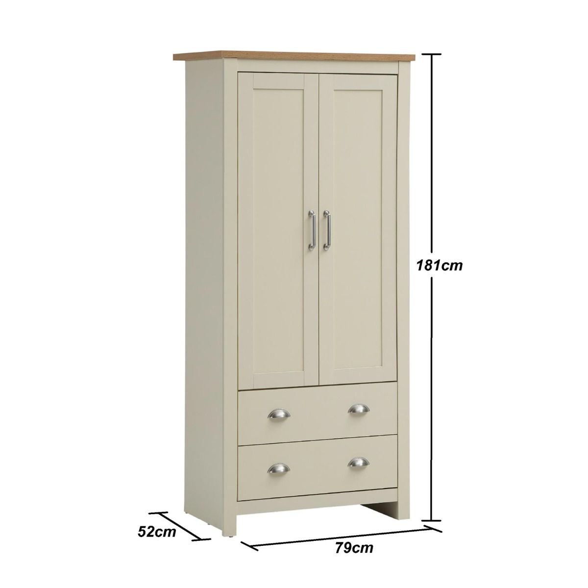 Lando Series 2 Piece Bedroom Set - Cream 2 Door Wooden Wardrobe and 2 Drawer Wooden Bedside Table with Oak Effect Top and Elegant Steel Handles and Runners