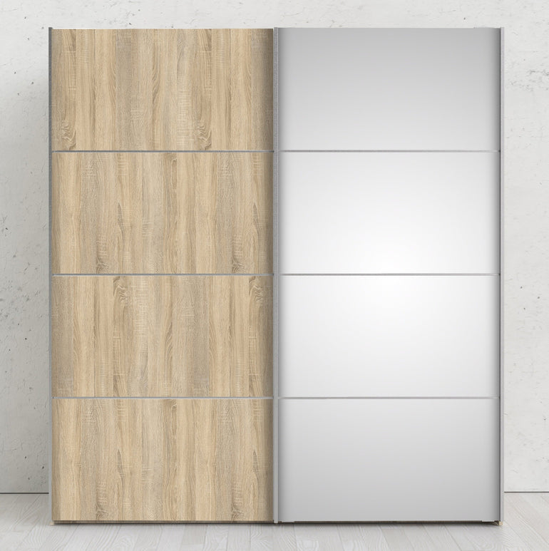 Verona Sliding Wardrobe 180cm in Oak with Oak and Mirror Doors with 5 Shelves