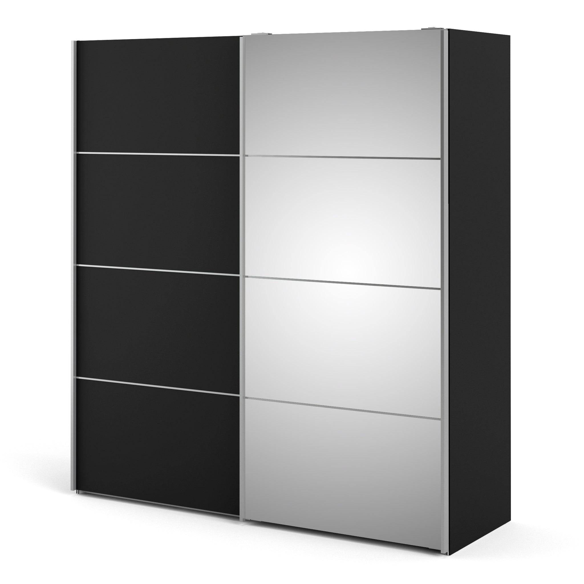 Verona Sliding Wardrobe 180cm in Black Matt with Black Matt and Mirror Doors with 2 Shelves