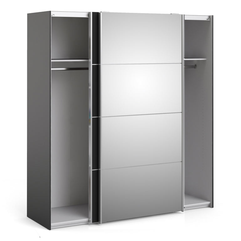 Verona Sliding Wardrobe 180cm in Black Matt with Black Matt and Mirror Doors with 2 Shelves