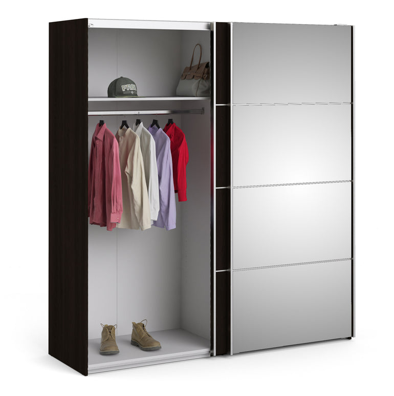 Verona Sliding Wardrobe 180cm in Black Matt with Black Matt and Mirror Doors with 2 Shelves