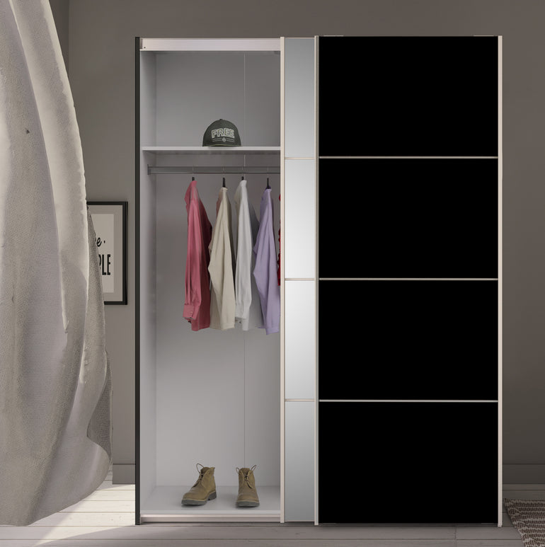 Verona Sliding Wardrobe 180cm in Black Matt with Black Matt and Mirror Doors with 2 Shelves