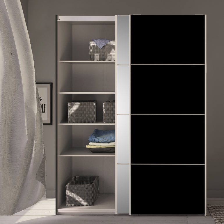 Verona Sliding Wardrobe 180cm in Black Matt with Black Matt and Mirror Doors with 5 Shelves