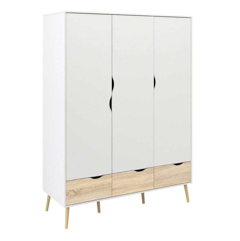 Bergen Wardrobe 3 Doors 3 Drawers in White and Oak