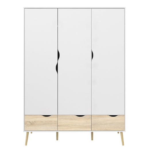 Bergen Wardrobe 3 Doors 3 Drawers in White and Oak