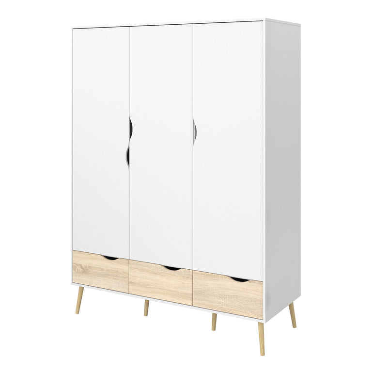 Bergen Wardrobe 3 Doors 3 Drawers in White and Oak