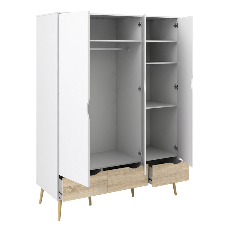 Bergen Wardrobe 3 Doors 3 Drawers in White and Oak