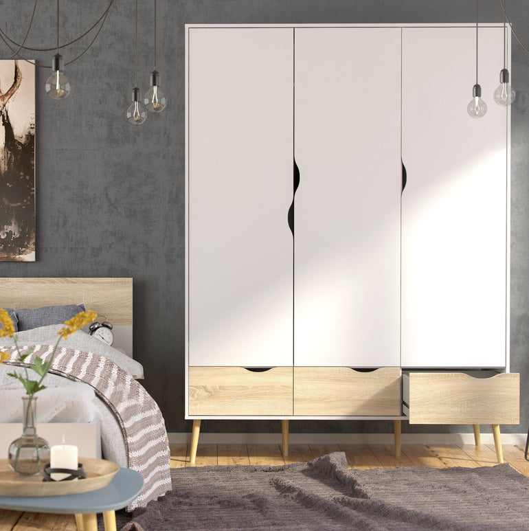 Bergen Wardrobe 3 Doors 3 Drawers in White and Oak