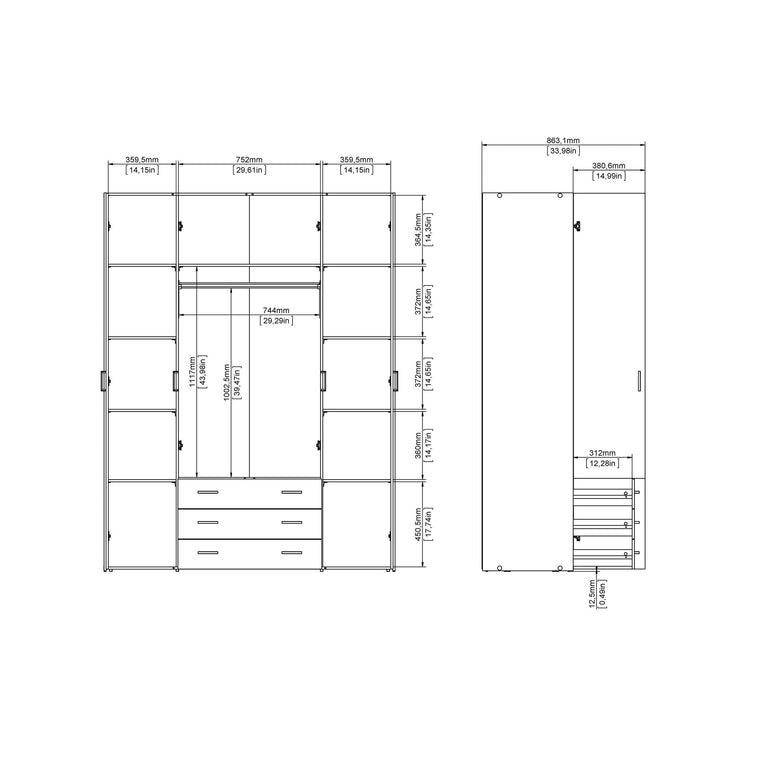 Space Wardrobe - 4 Doors 3 Drawers in Oak 2000