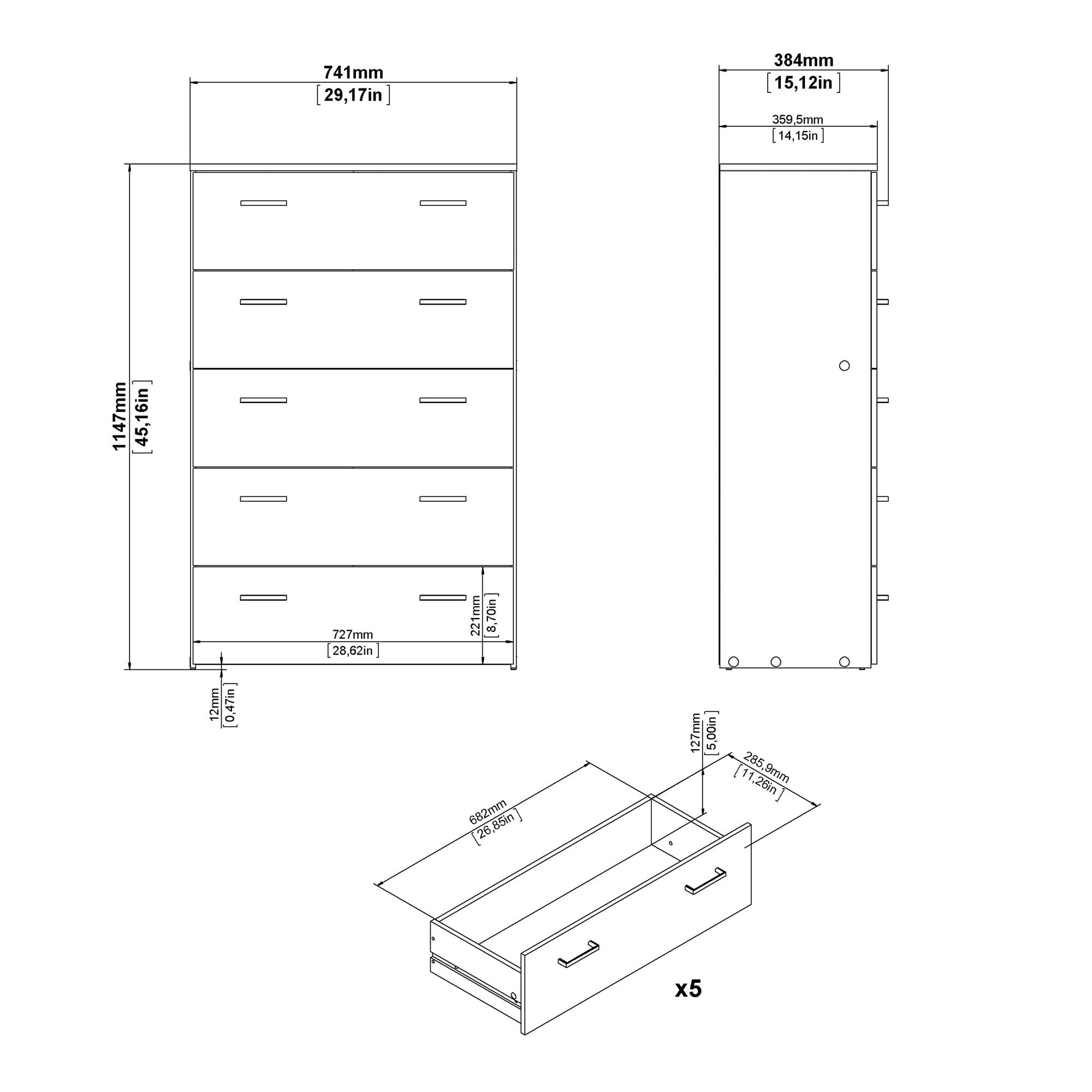 Space Chest of 5 Drawers in White