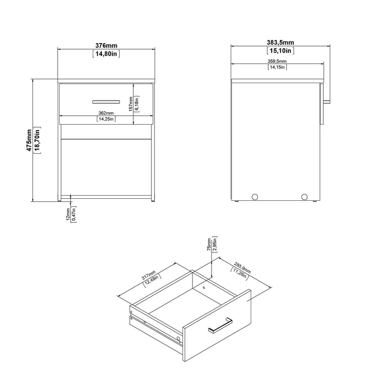 Space Bedside 1 Drawer in White