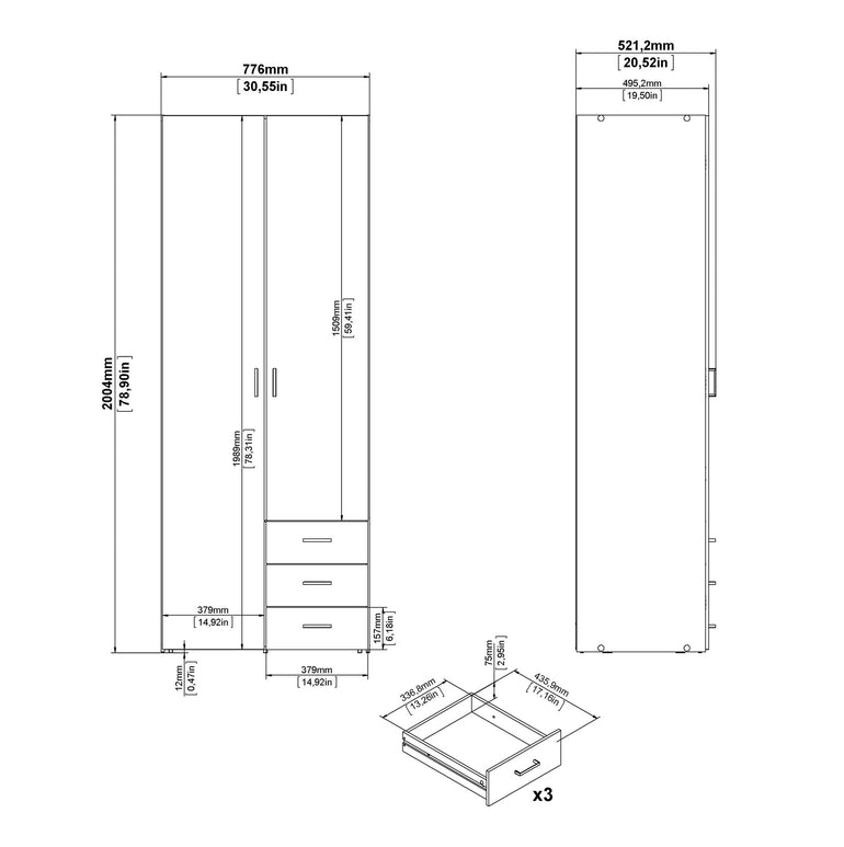 Space Wardrobe - 2 Doors 3 Drawers in White 2000